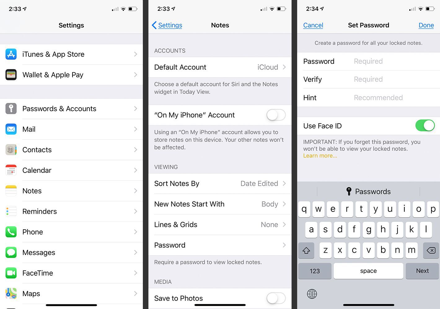 Экран настроек iPhone для защиты паролем Notes