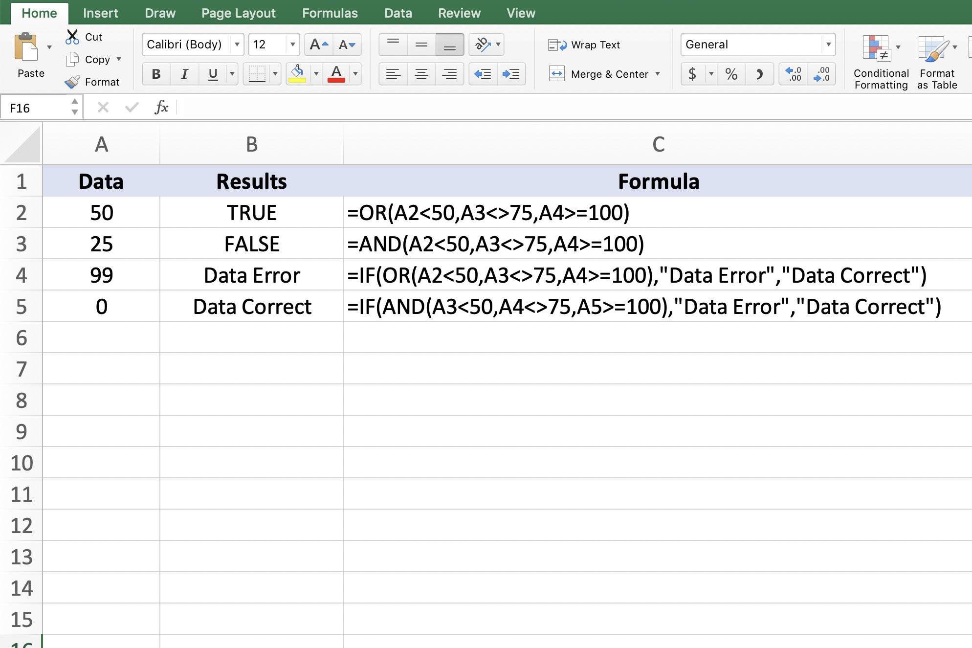 Снимок экрана Excel с функциями AND / OR / IF