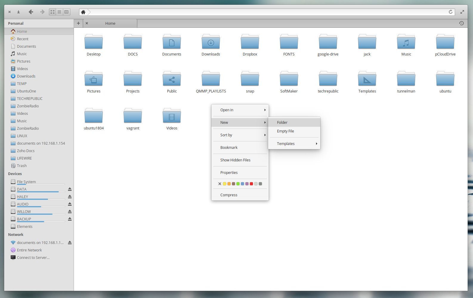 Снимок экрана создания новой папки в Linux.