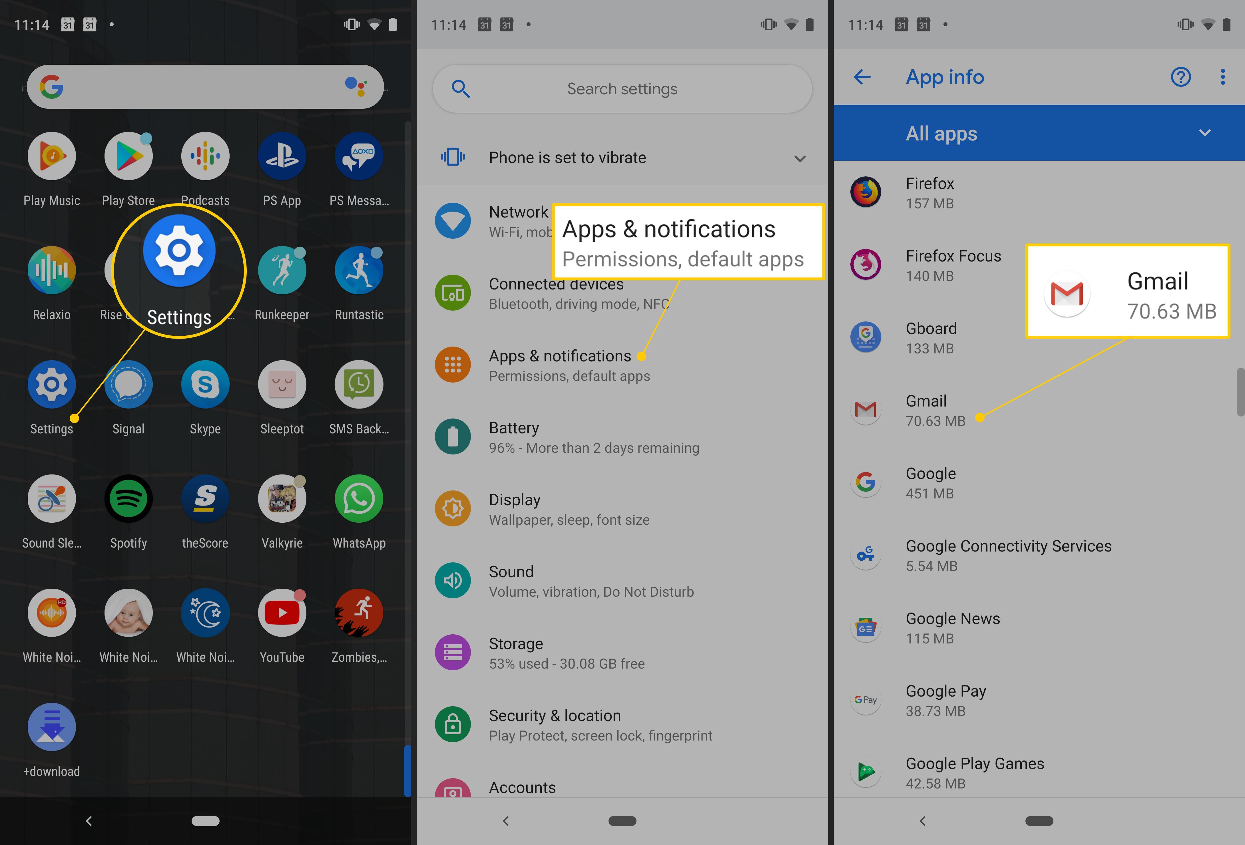 Значок настроек, Приложения и уведомления, приложение Gmail в Android
