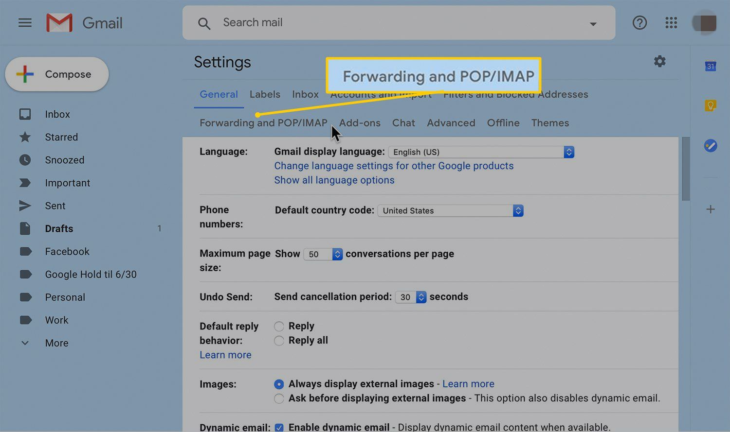 Пересылка и ссылка POP / IMAP в настройках Gmail