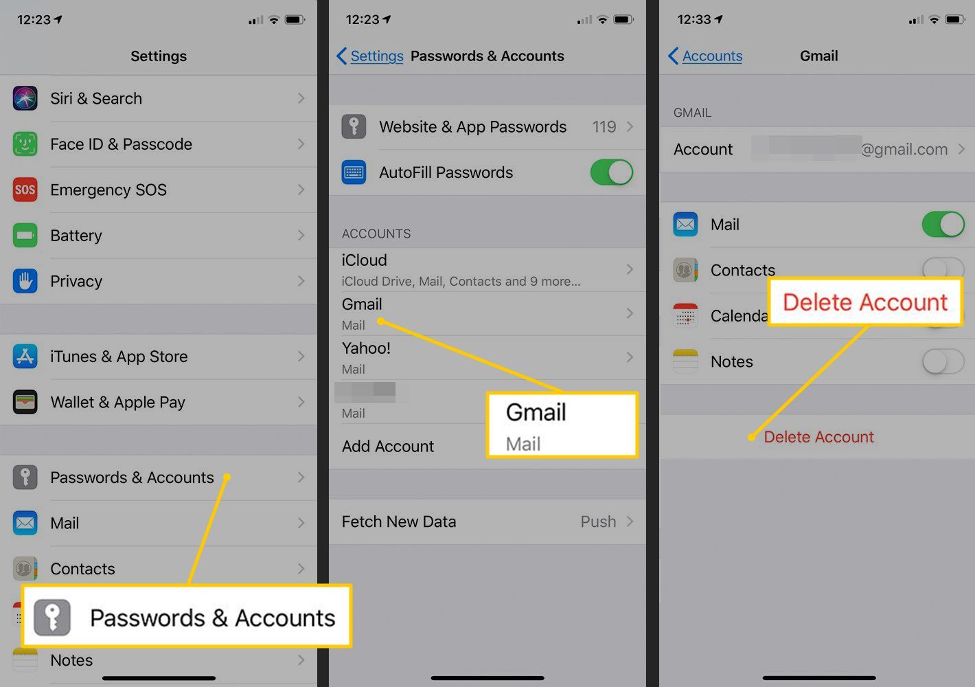 Пароли и учетные записи, Gmail, Удалить учетную запись в настройках iOS