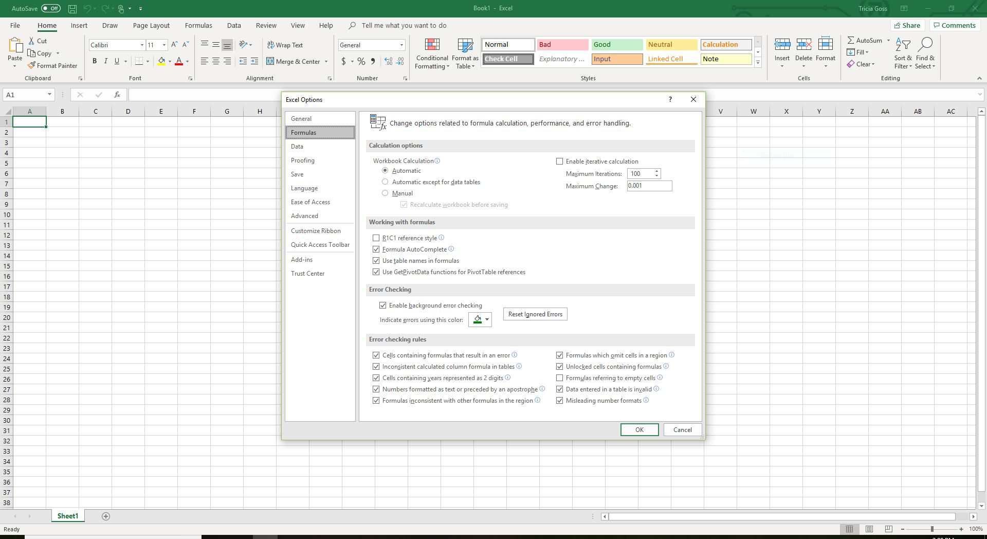 Снимок экрана параметров Excel на вкладке 
