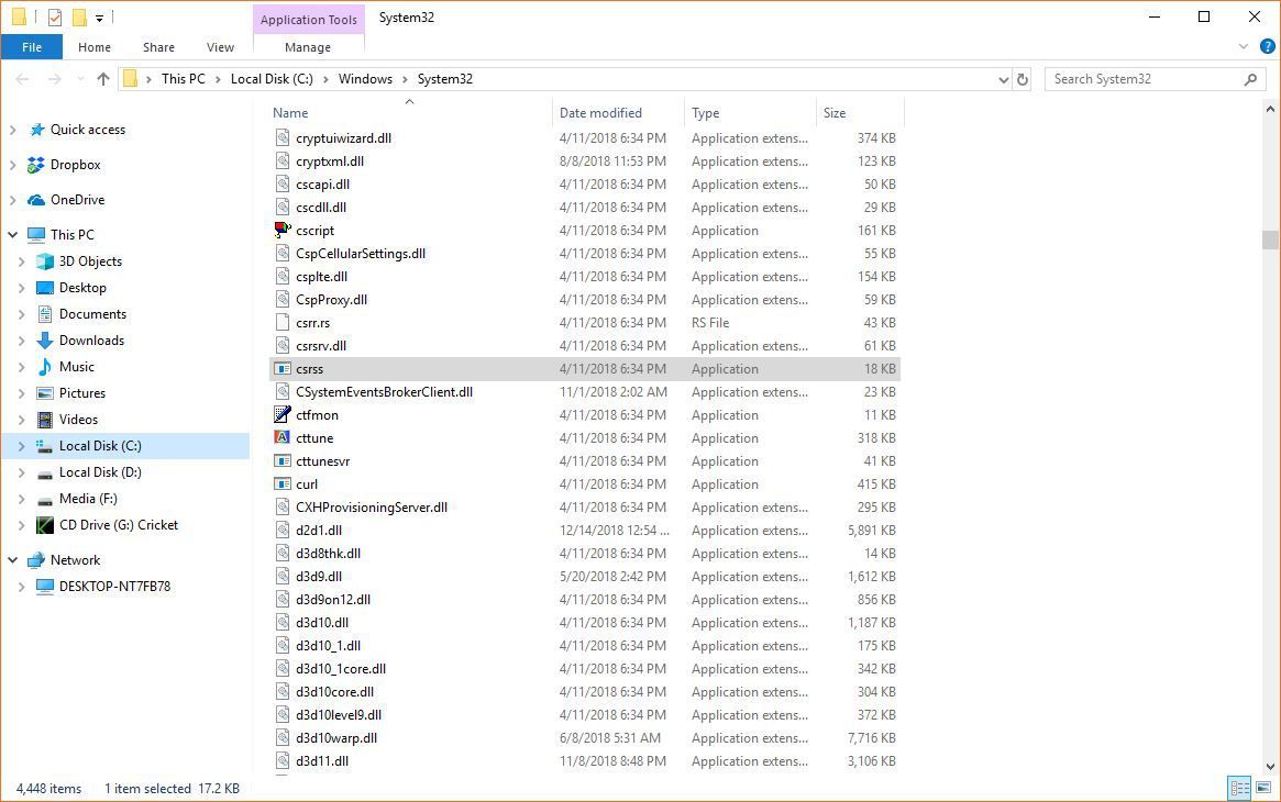 Скриншот папки Windows System32.