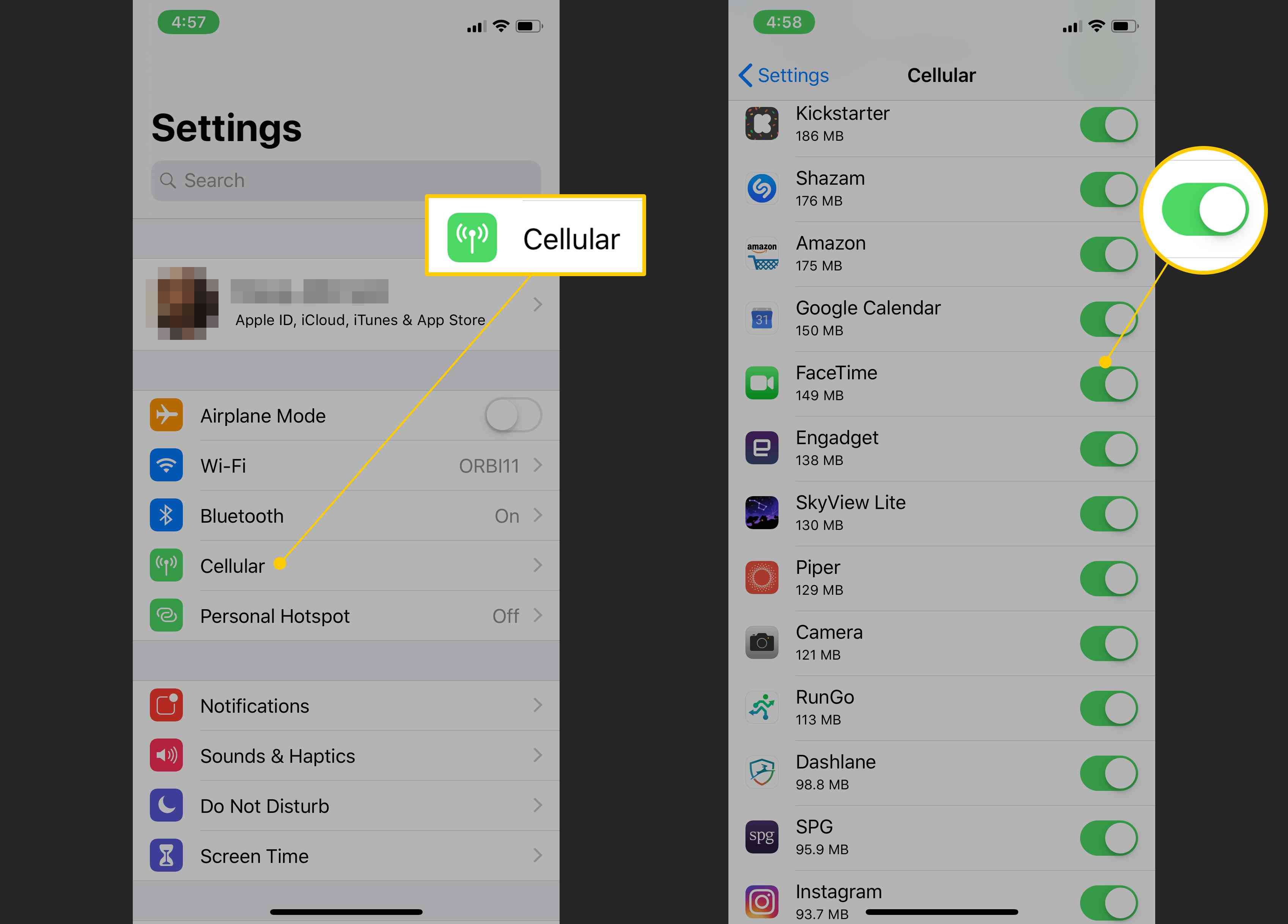 Сотовый, FaceTime данные переключаются в настройках iOS