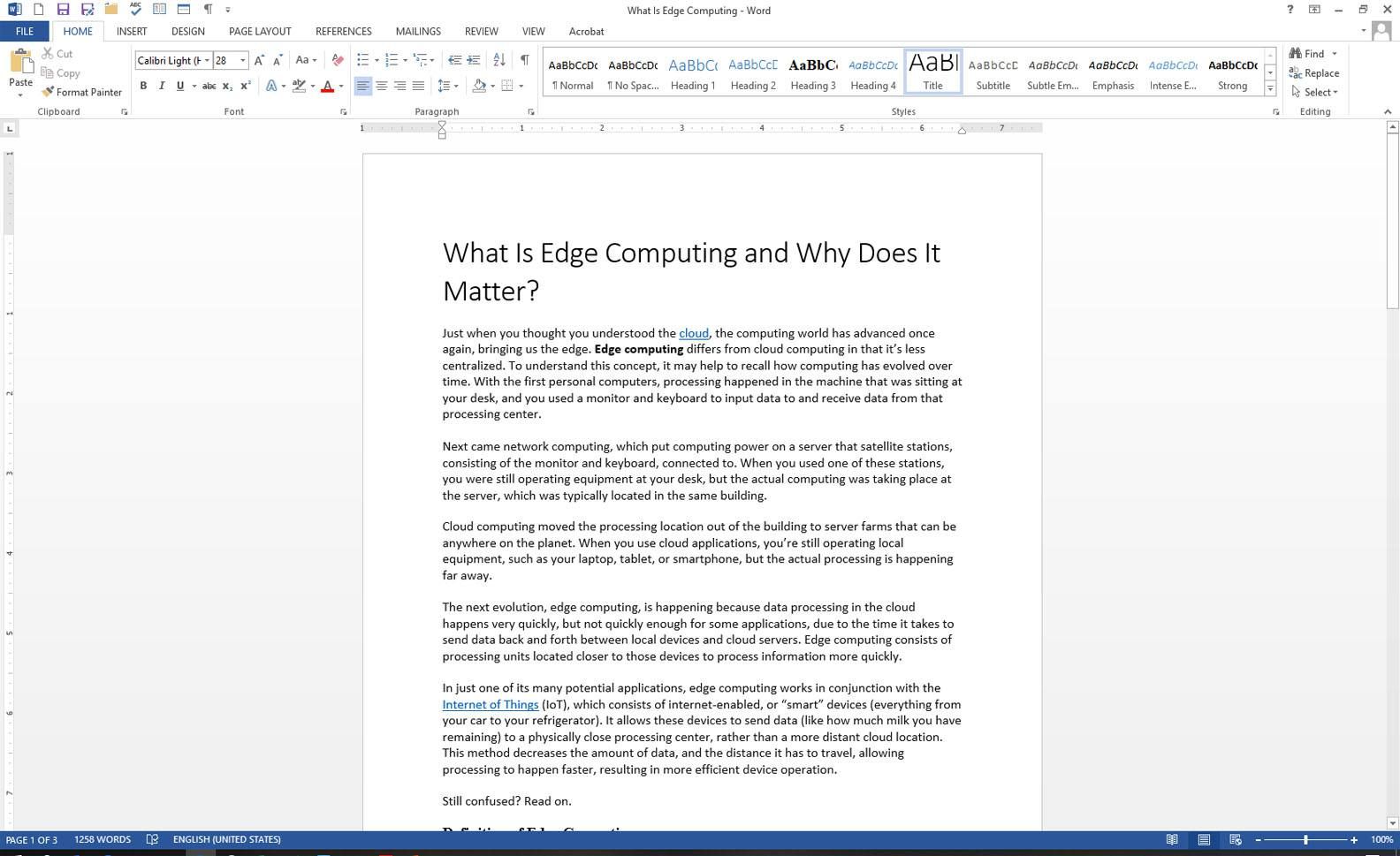 Microsoft Word с отображением документа и вкладкой «Главная»