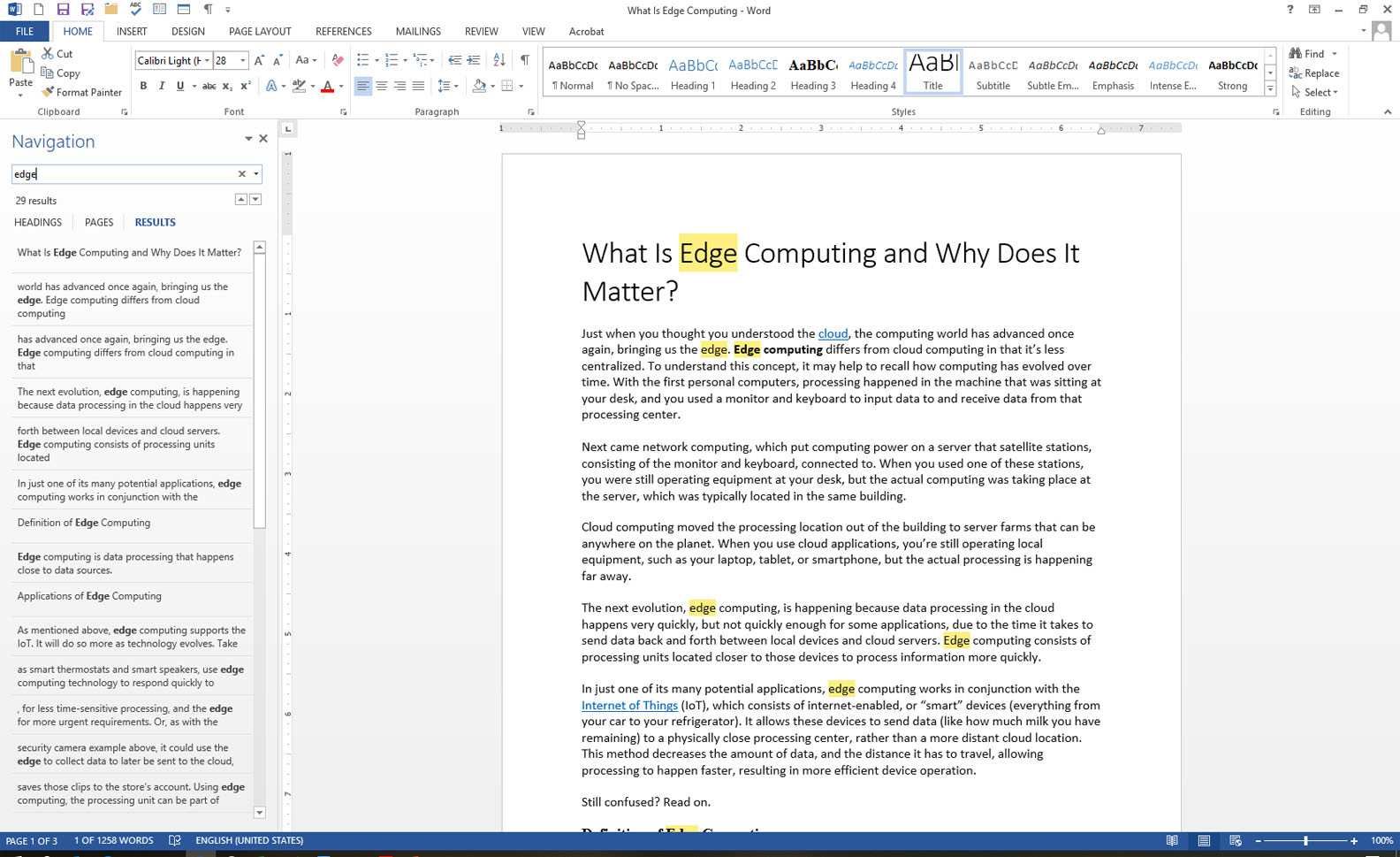 Microsoft Word с открытым документом и отображенной панелью навигации