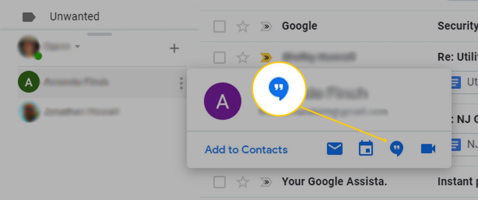 Кнопка отправки сообщения для видеовстречи в Gmail