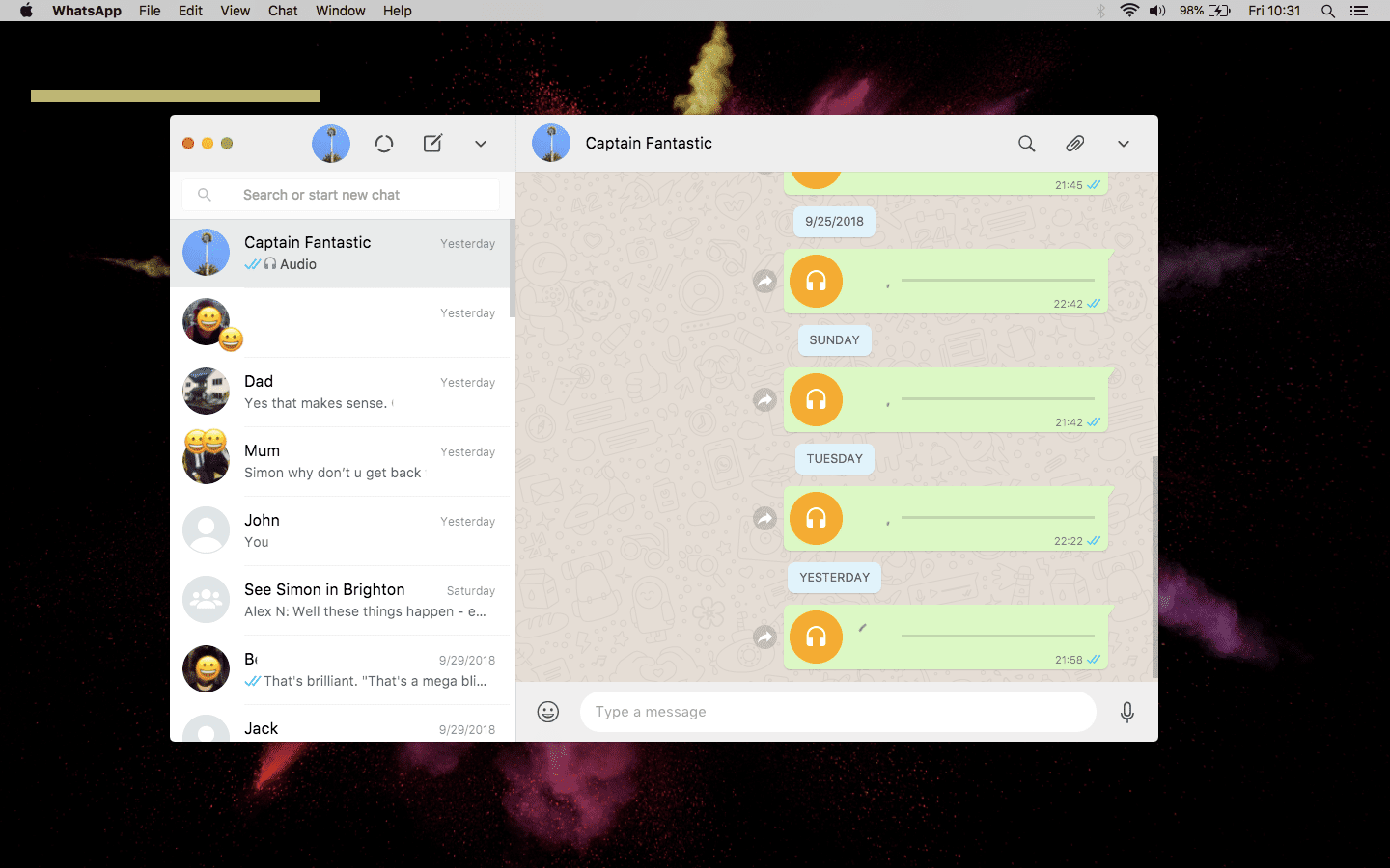 Снимок экрана приложения WhatsApp Mac.