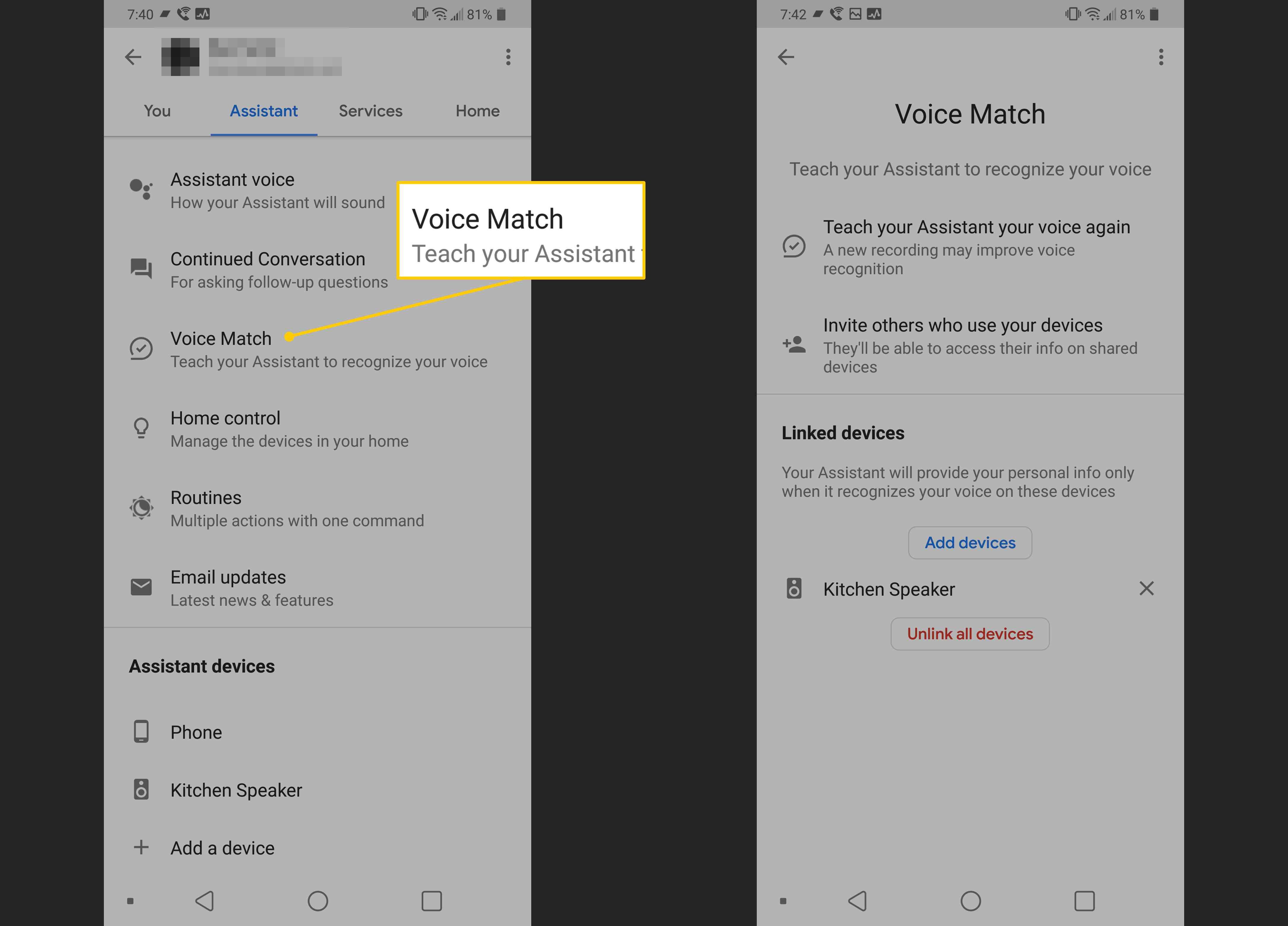 Параметры голосового соответствия для Google Assistant