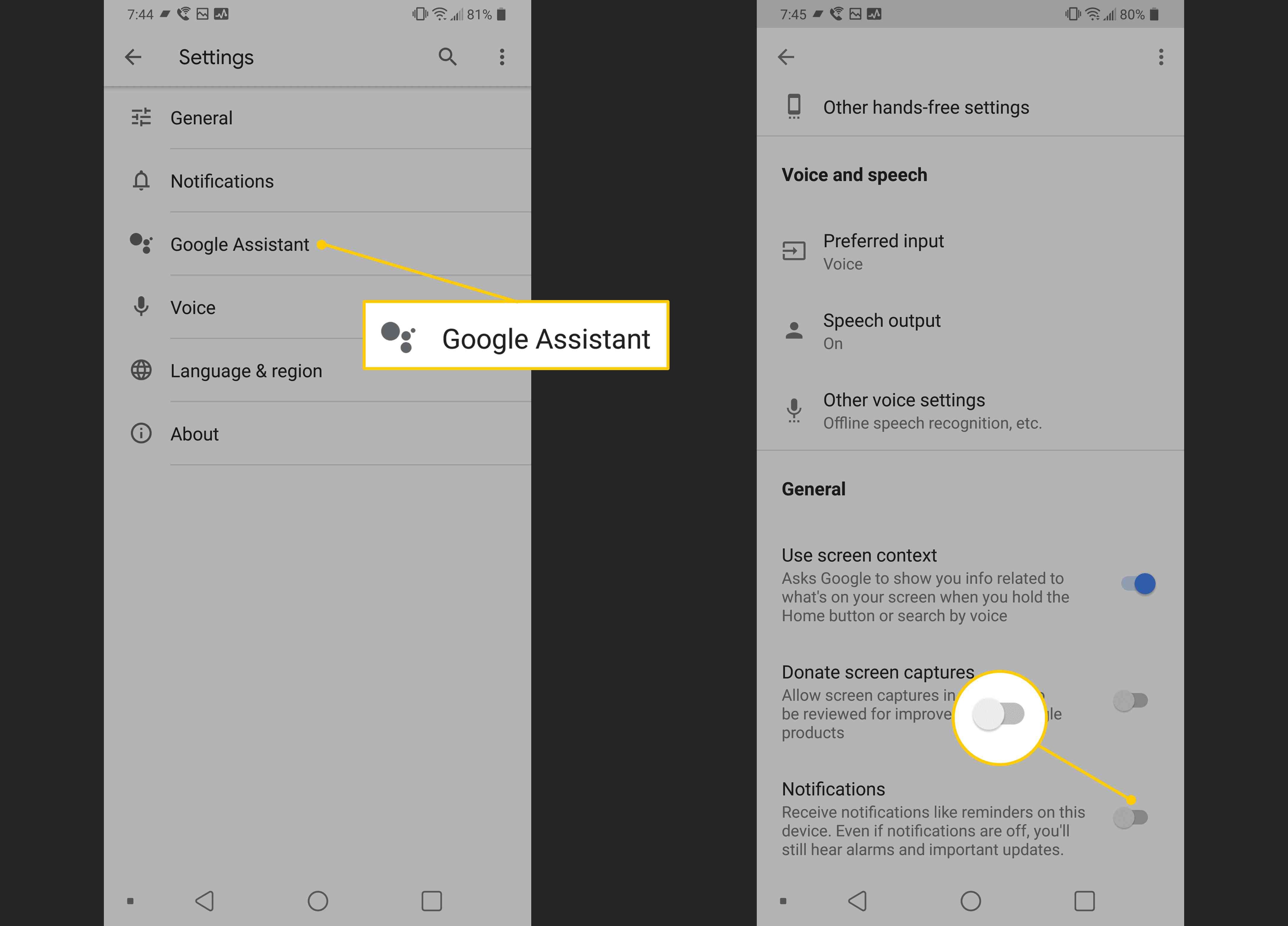 Google Assistant, переключатель уведомлений в настройках Android