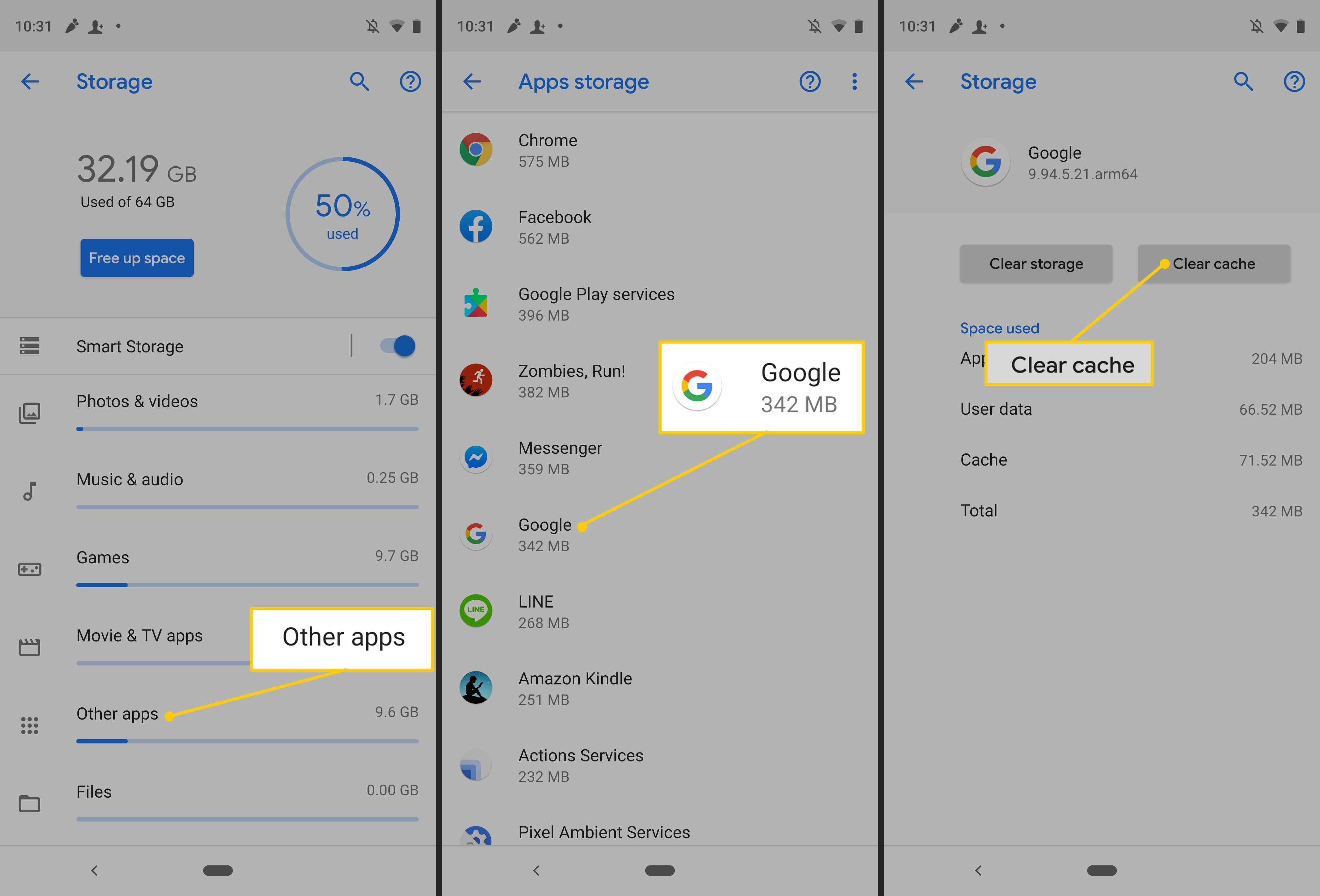 Другие приложения, Google, Очистить кеш кнопки в настройках Android