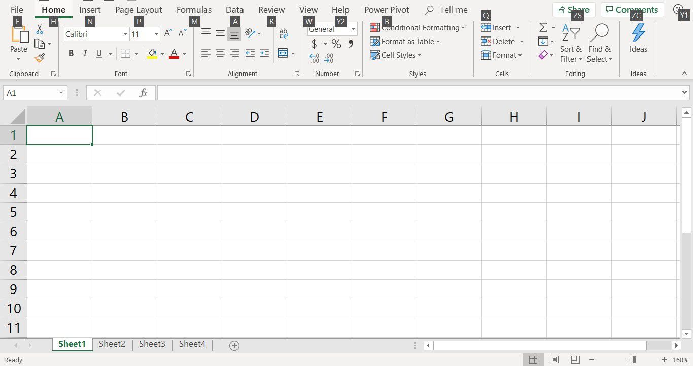 Снимок экрана, показывающий горячие клавиши для вкладок ленты в Excel