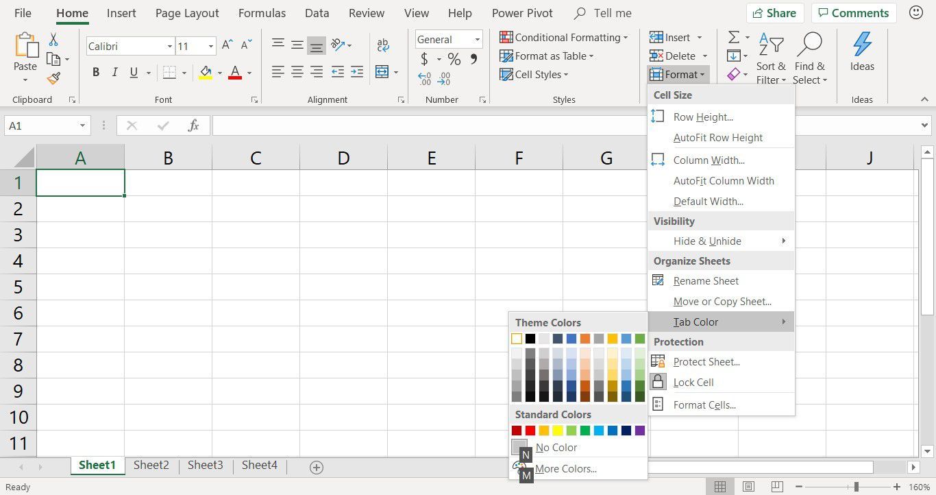 Снимок экрана, показывающий цветовую палитру, используемую для изменения цвета вкладки для листа Excel