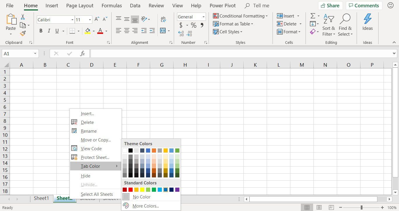 Снимок экрана, на котором показана цветовая палитра вкладок, используемая для изменения цвета вкладки листа в Excel