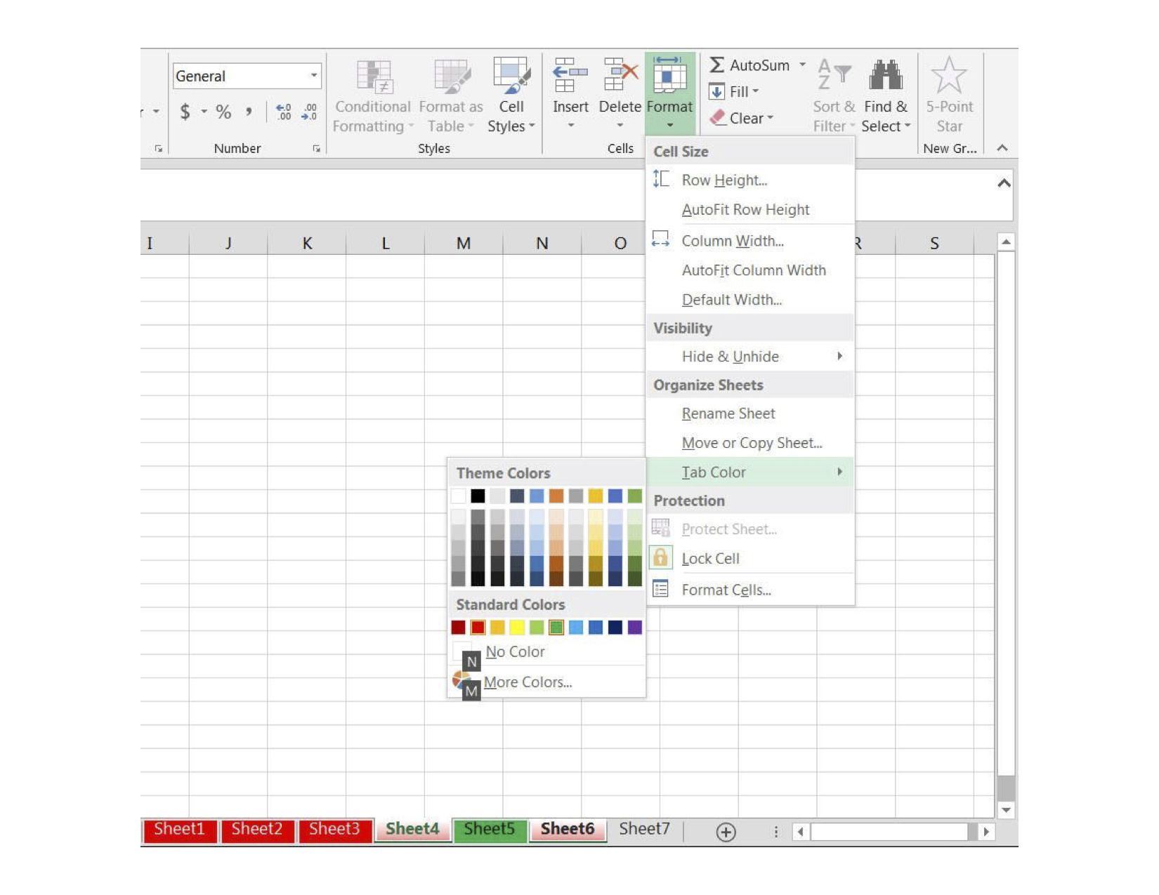 Снимок экрана Excel о том, как изменить цвета вкладки