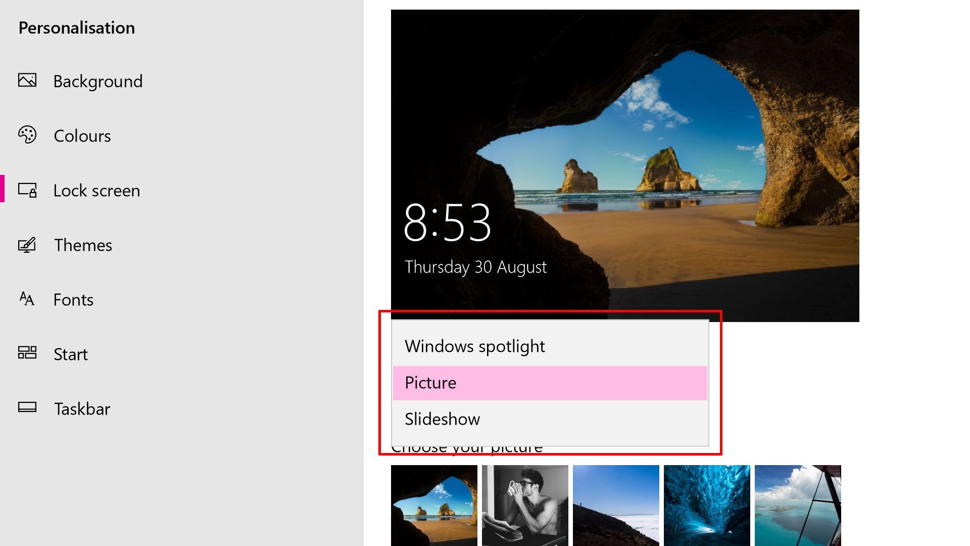 Параметры экрана блокировки Windows 10