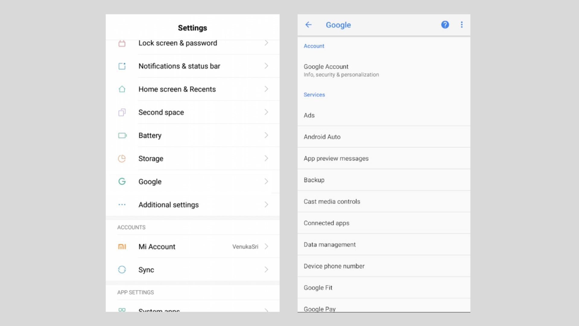Два скриншота настроек Android.