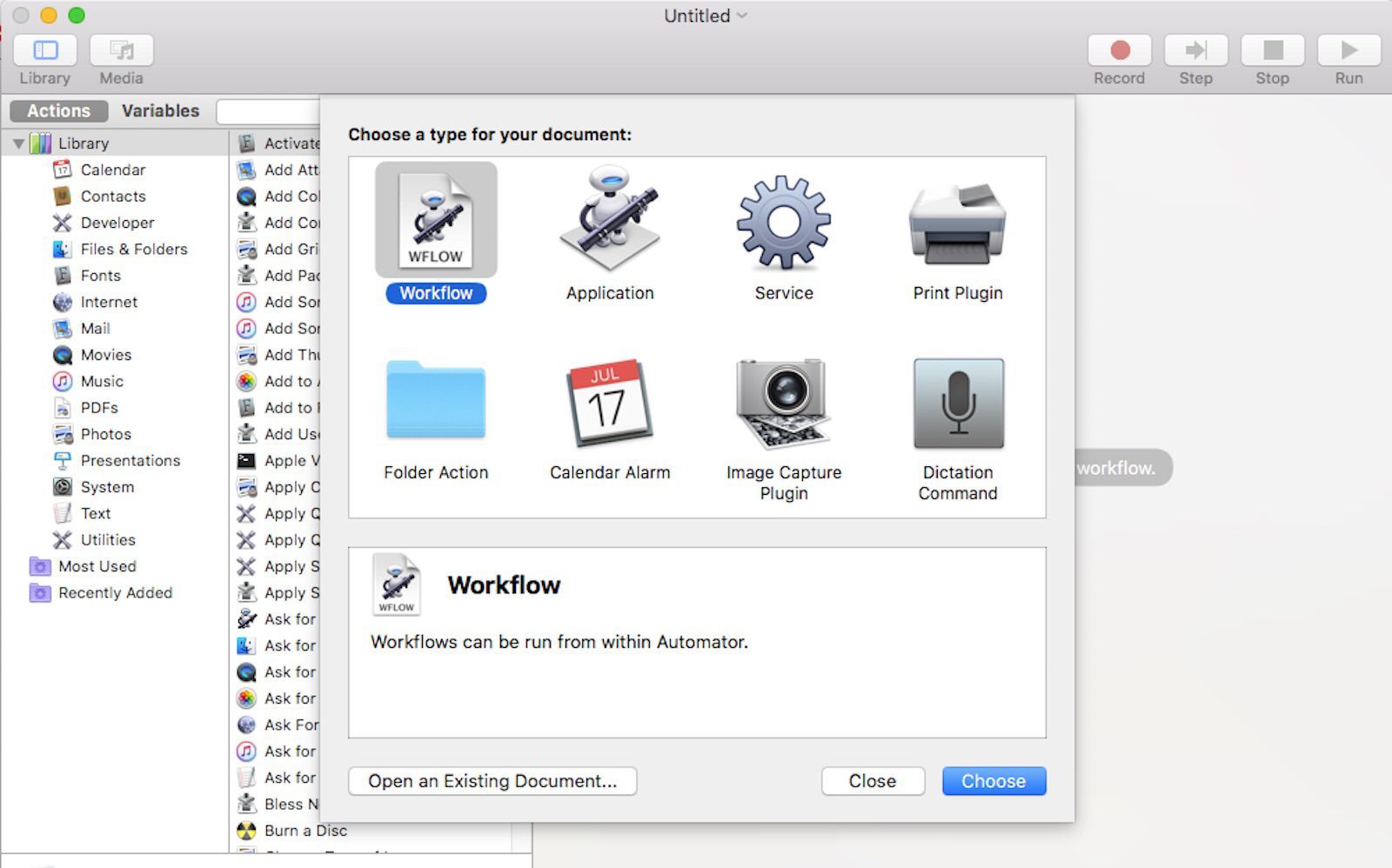 Скриншот приложения Automator для Mac.