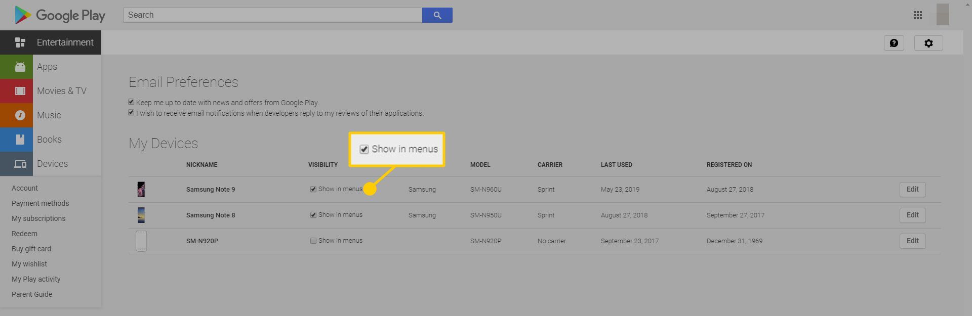 Снимок экрана, показывающий, как заставить телефоны Android появляться в Google Play.