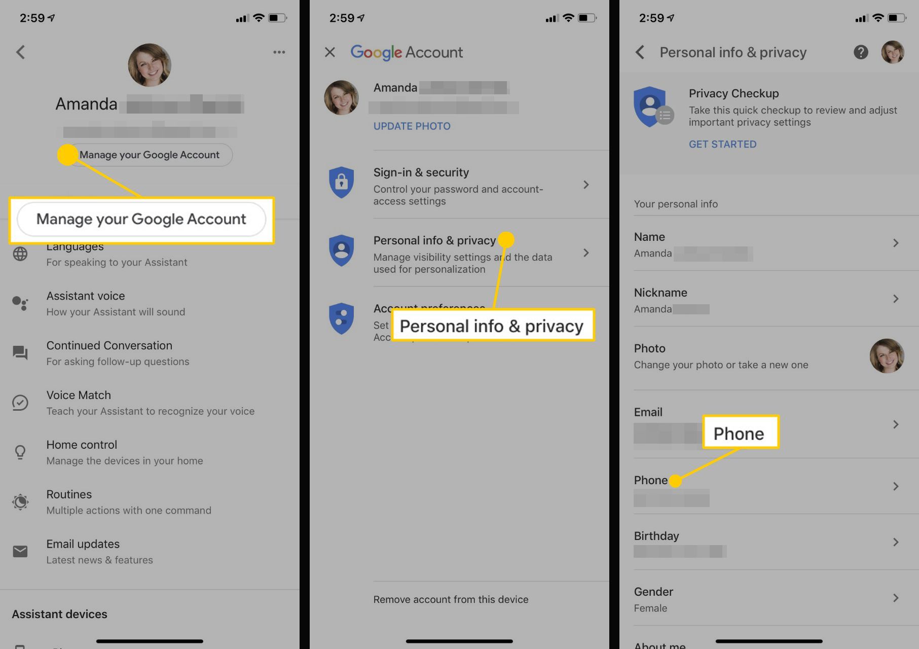 Снимки экрана, показывающие, как сделать ваш номер телефона видимым для Google Home на iPhone.