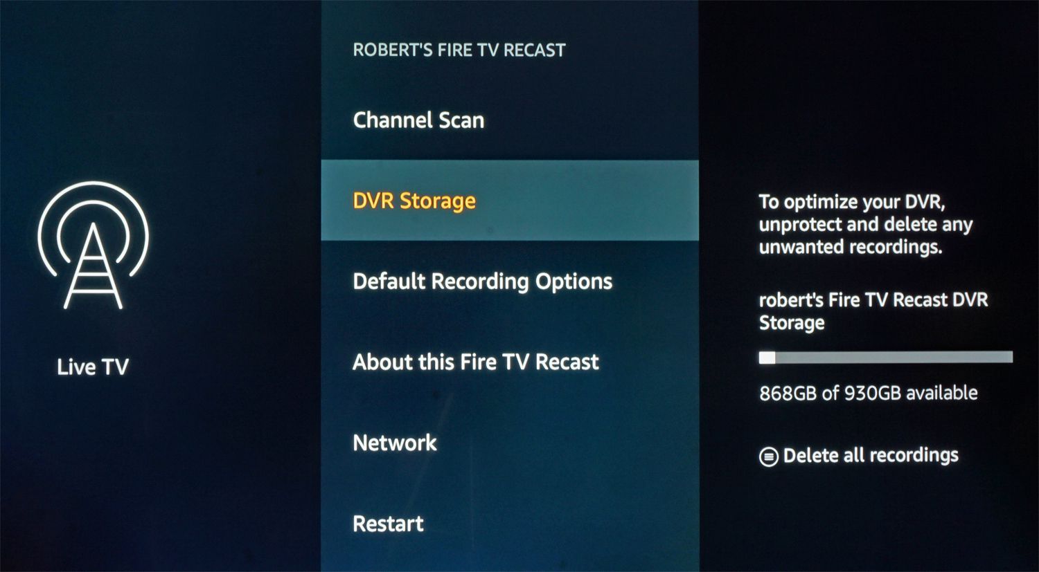 Управление настройками Fire TV Recast с помощью Fire TV Stick или Box Detail