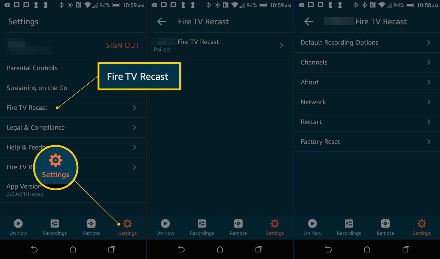 Настройки Fire TV Recast в приложении Fire TV для Android