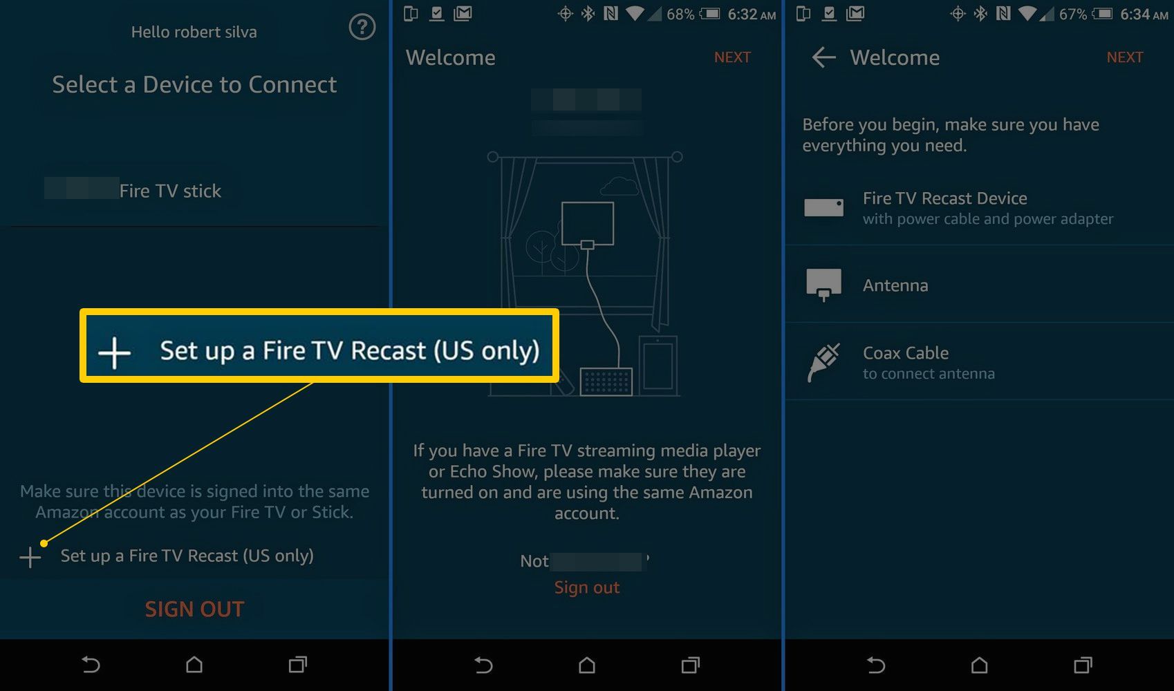 Приложение Amazon Fire TV для смартфонов - выберите Fire TV Recast