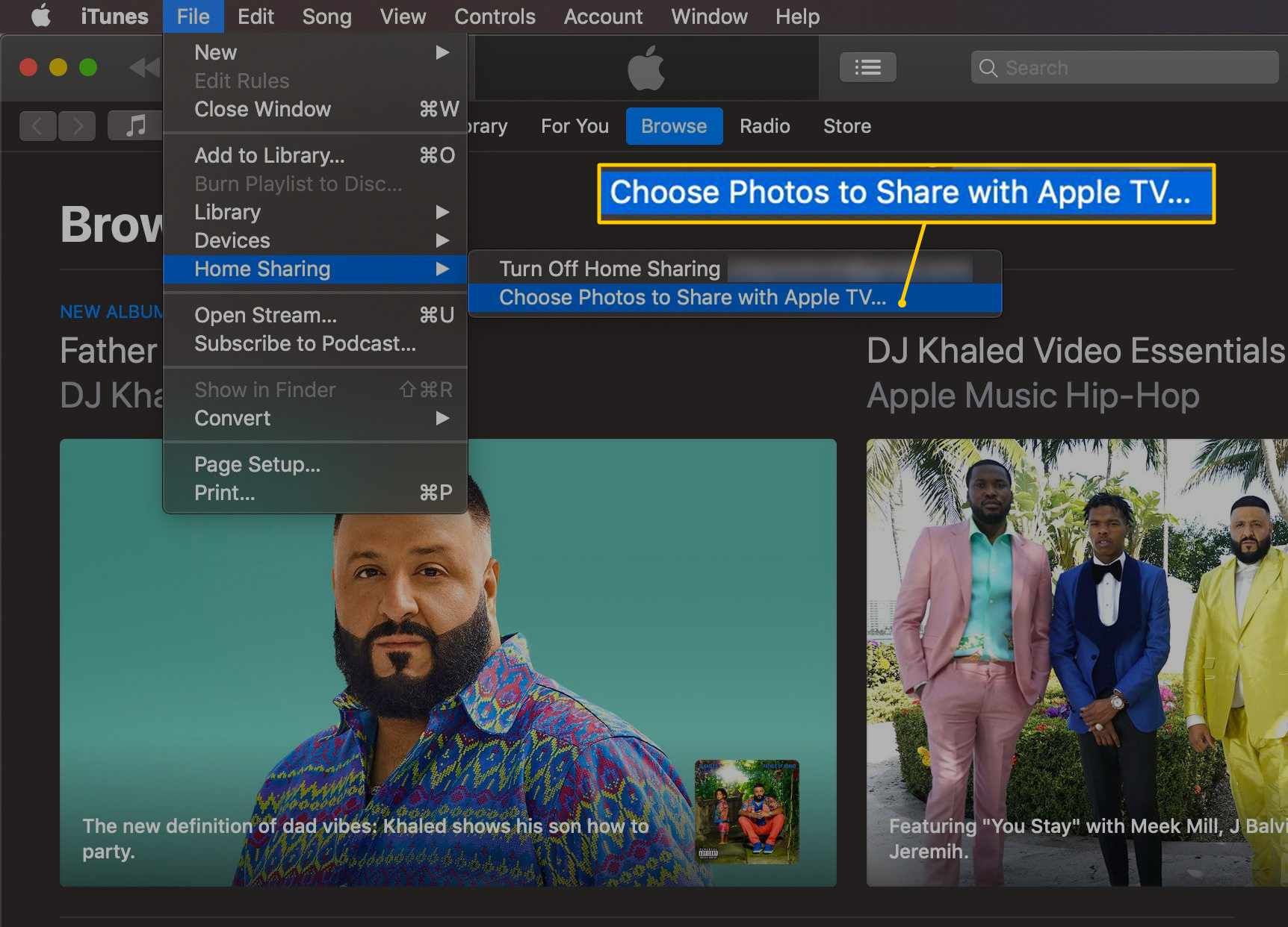 Выберите «Фотографии, которыми хотите поделиться с Apple TV» в iTunes