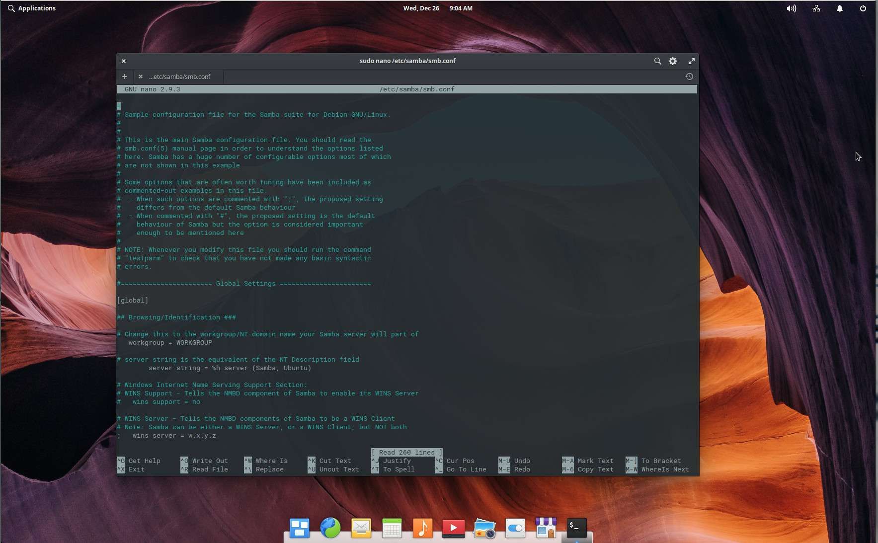 Снимок экрана файла конфигурации Samba.