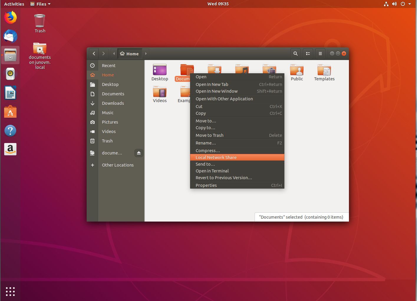 Снимок экрана: контекстное меню папки в Ubuntu Desktop.