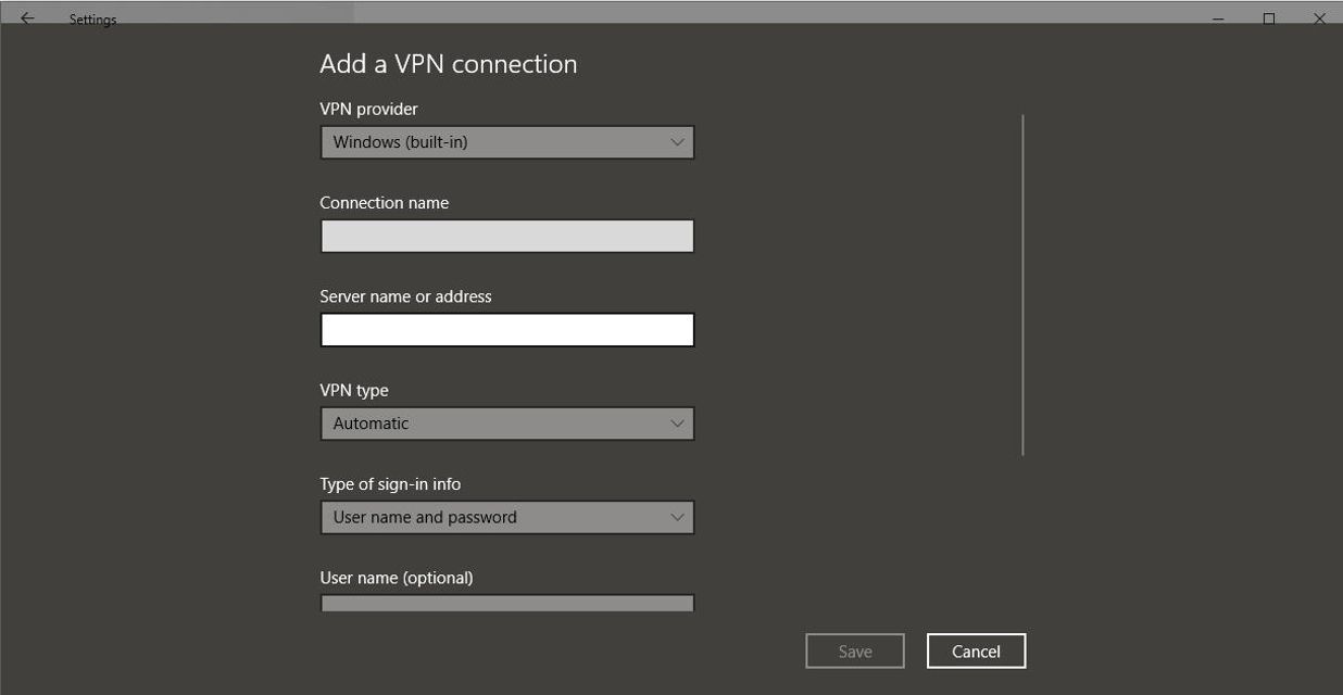 Добавить форму VPN-подключения в Windows 10