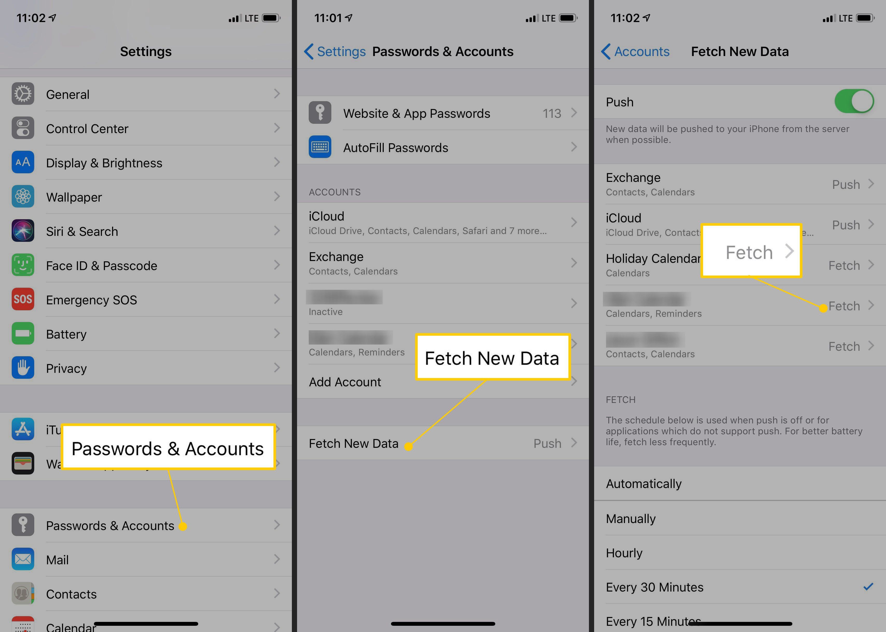 Пароли и учетные записи, выборка новых данных, выборка кнопок в настройках iOS