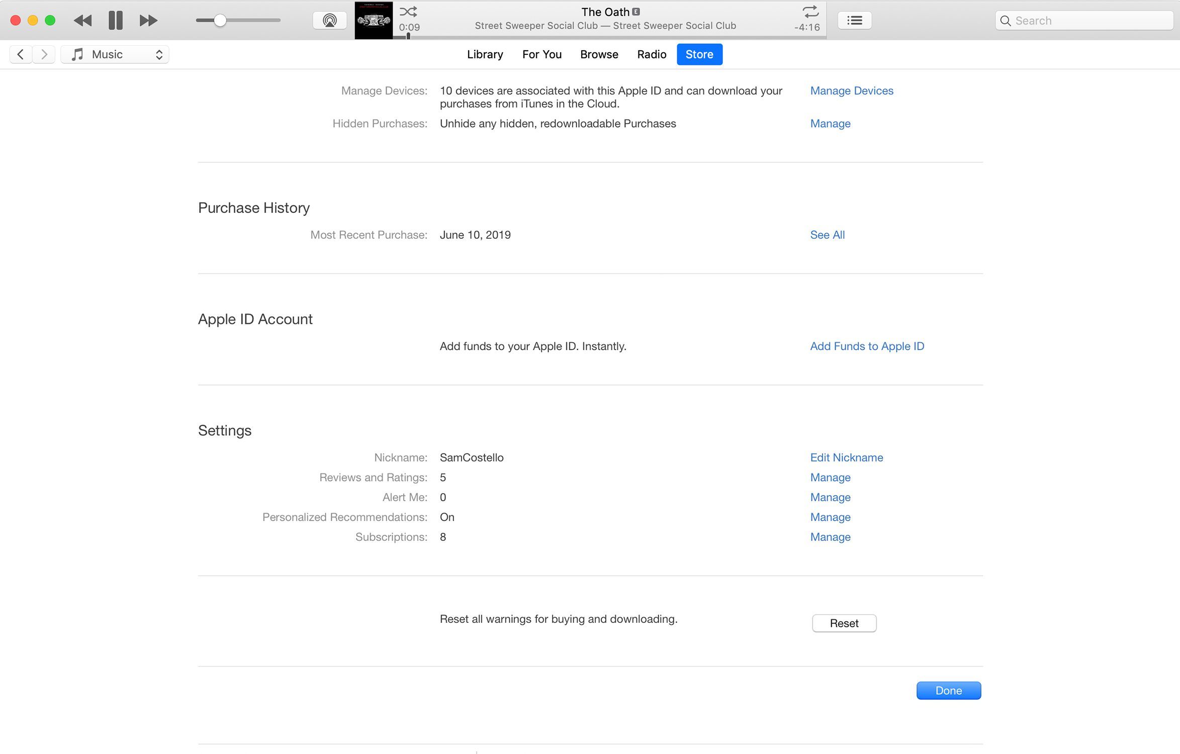 Снимок экрана с учетной записью iTunes с подпиской