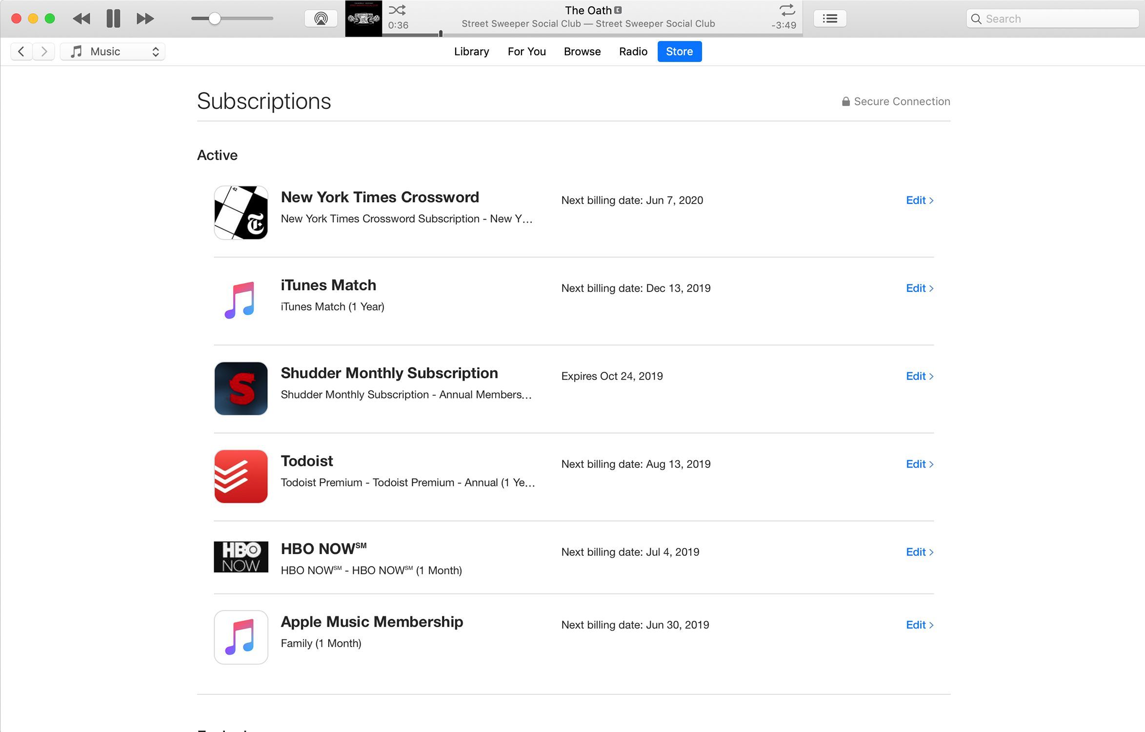 Скриншот всех подписок, перечисленных в iTunes
