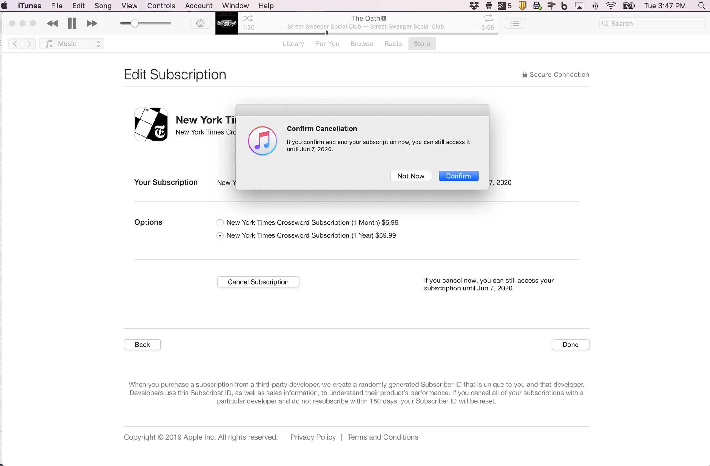 Снимок экрана iTunes для подтверждения отмены подписки