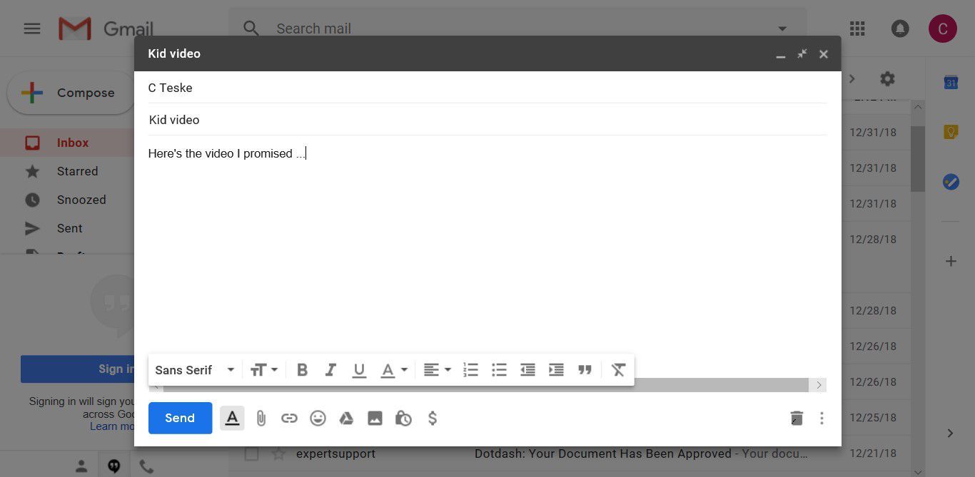 Снимок экрана, показывающий окно нового сообщения в Gmail