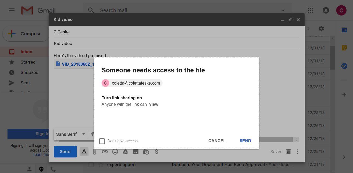 Снимок экрана, показывающий, как включить обмен ссылками в Gmail и Google Диске