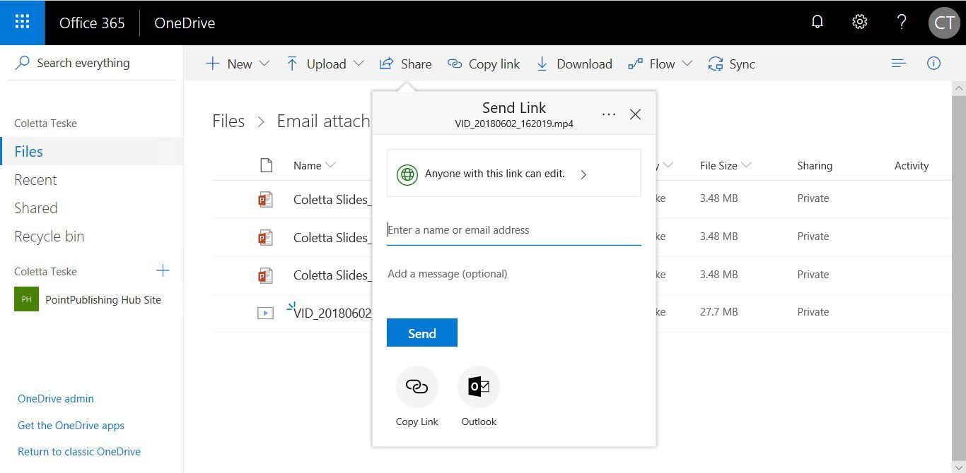 Снимок экрана, показывающий, как включить общий доступ и отправить электронное письмо со ссылкой в ​​OneDrive и Outlook