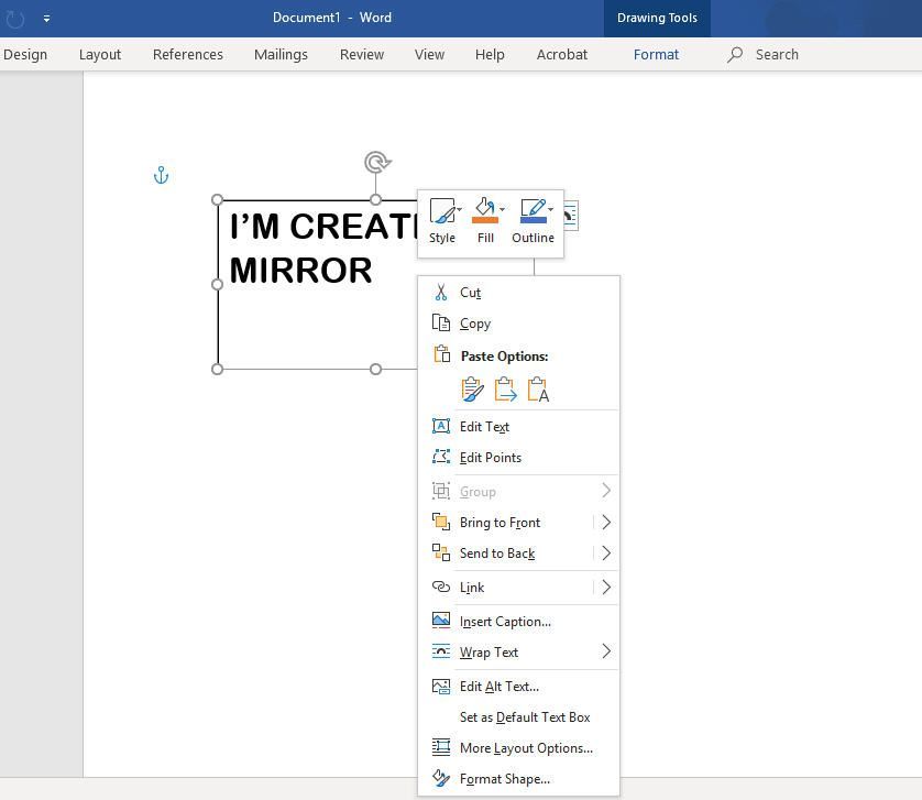 снимок экрана контекстного меню текстового поля в Word для Windows