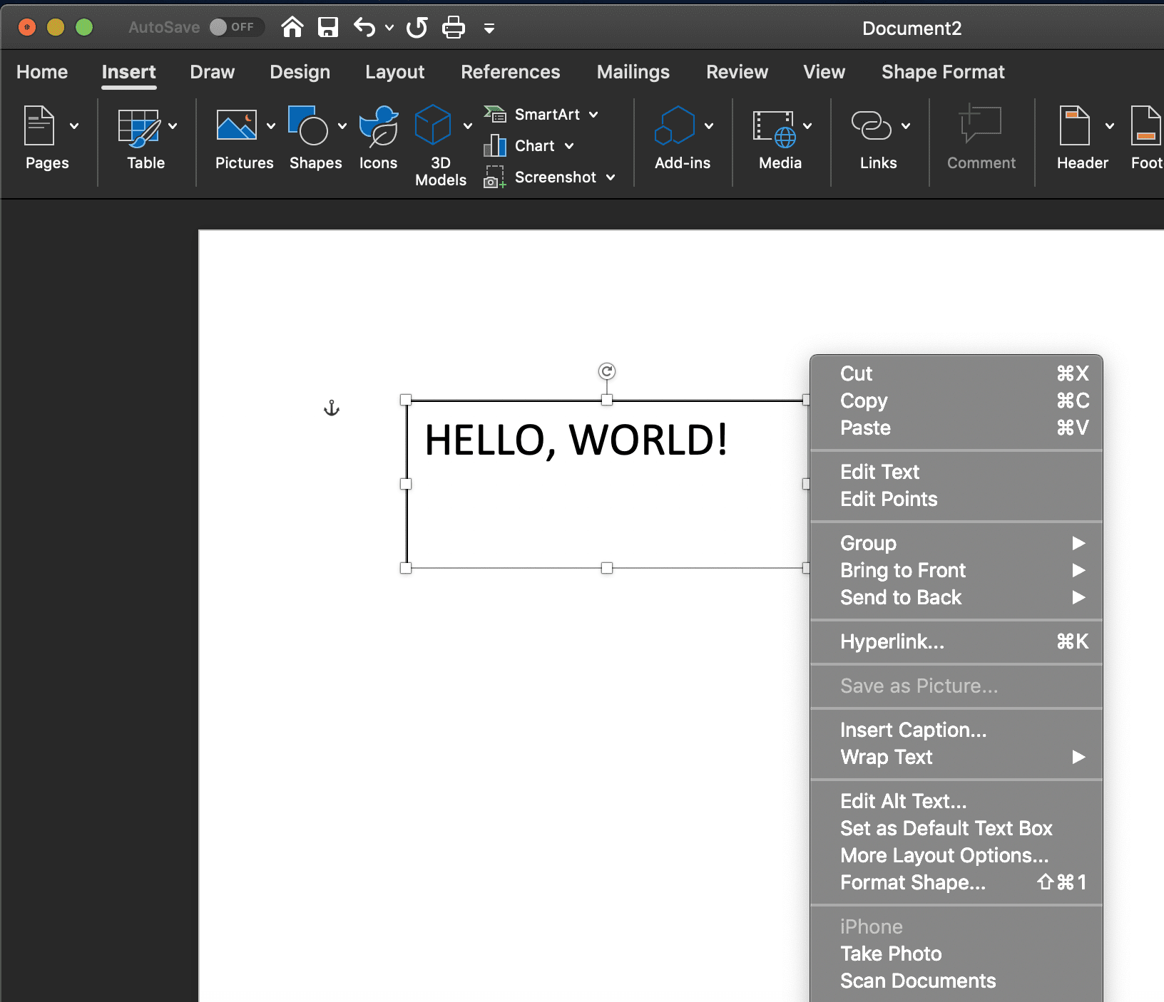 снимок экрана контекстного меню текстового поля в Word для macOS
