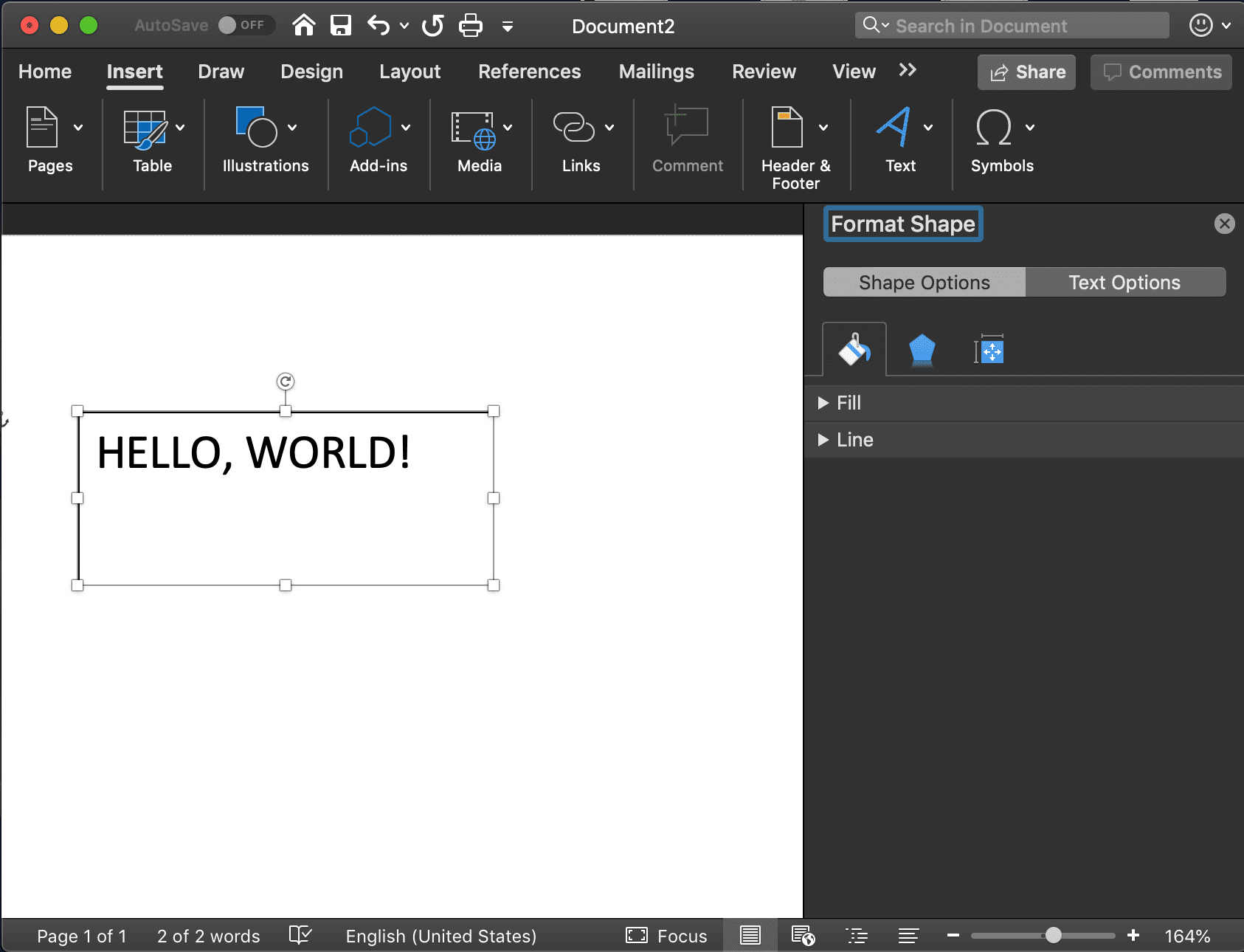 снимок экрана интерфейса «Формат формы» в Word для macOS