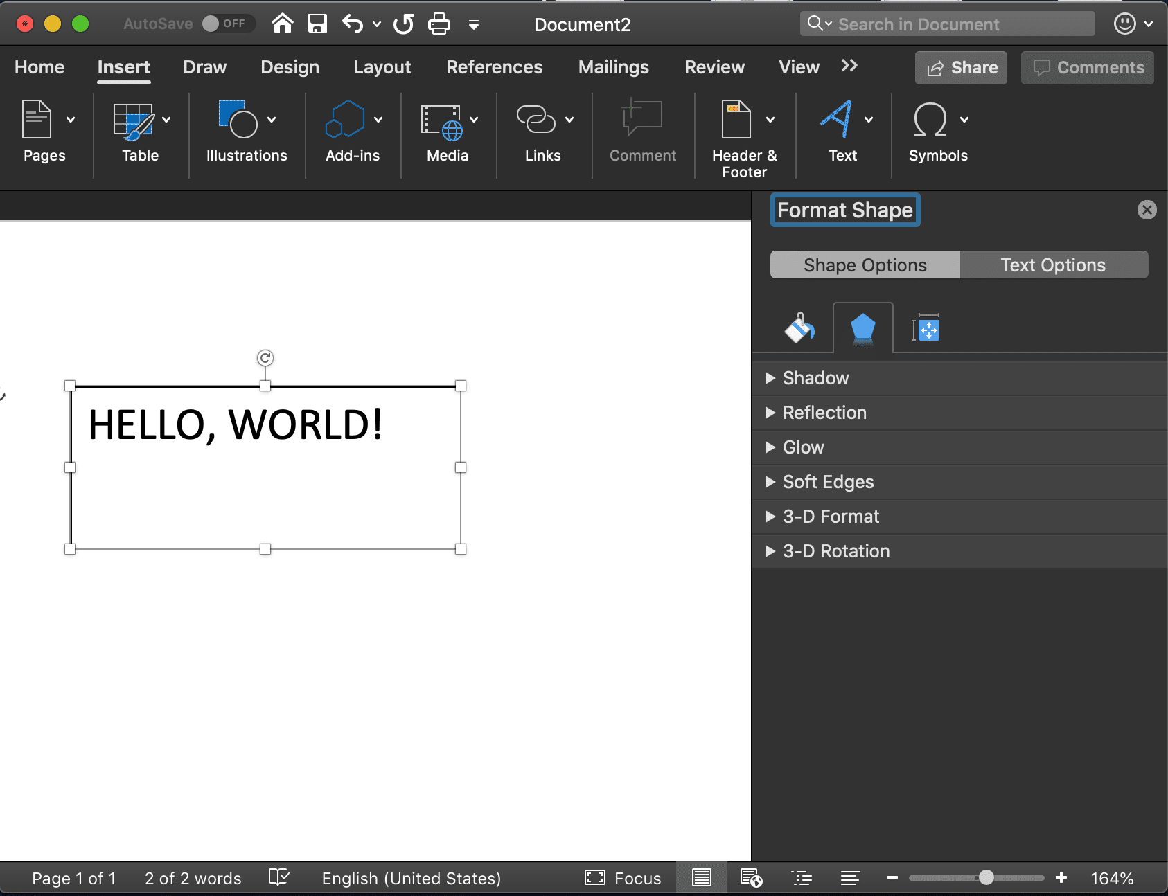 снимок экрана меню эффектов в Word для macOS