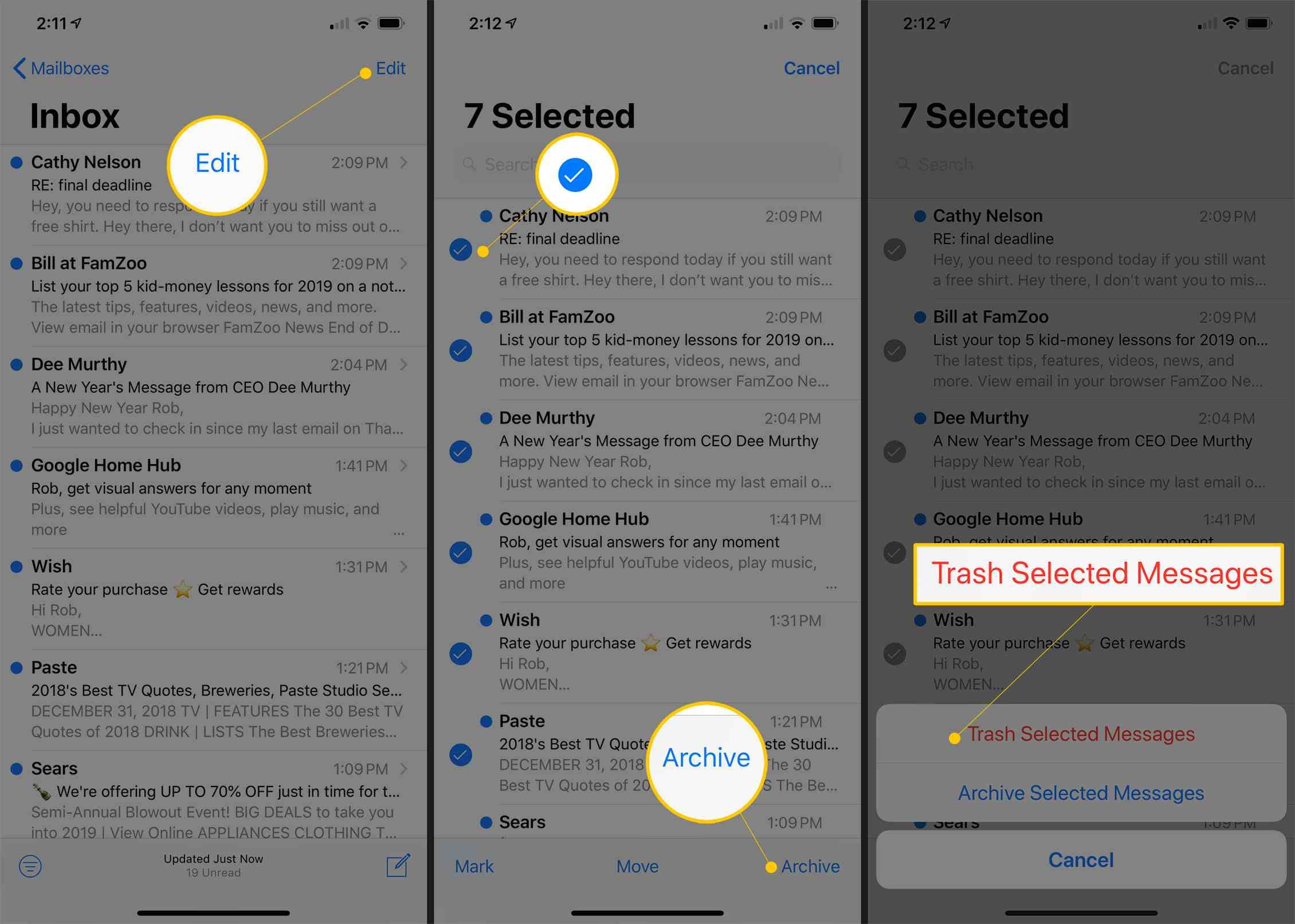 Три экрана с кнопками «Редактировать», «Архивировать» и «Выбранные сообщения» в приложении «Почта iOS»