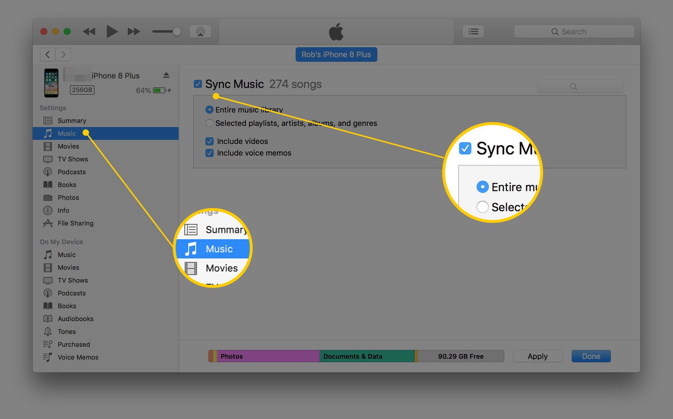 Снимок экрана iTunes в macOS с разделами Музыка и Синхронизация музыки