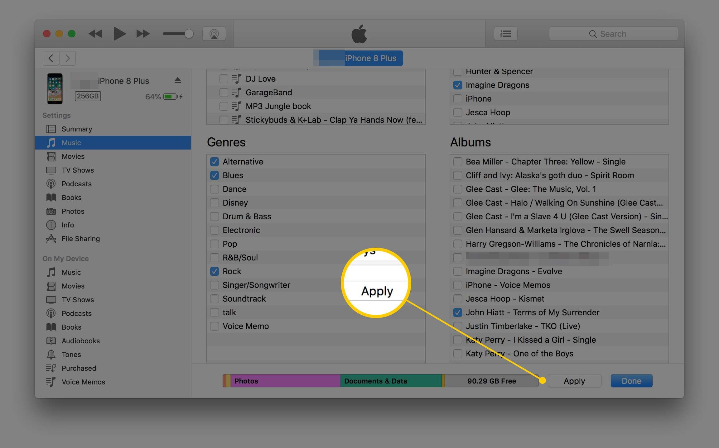 Снимок экрана окна iTunes в macOS с кнопкой «Применить»