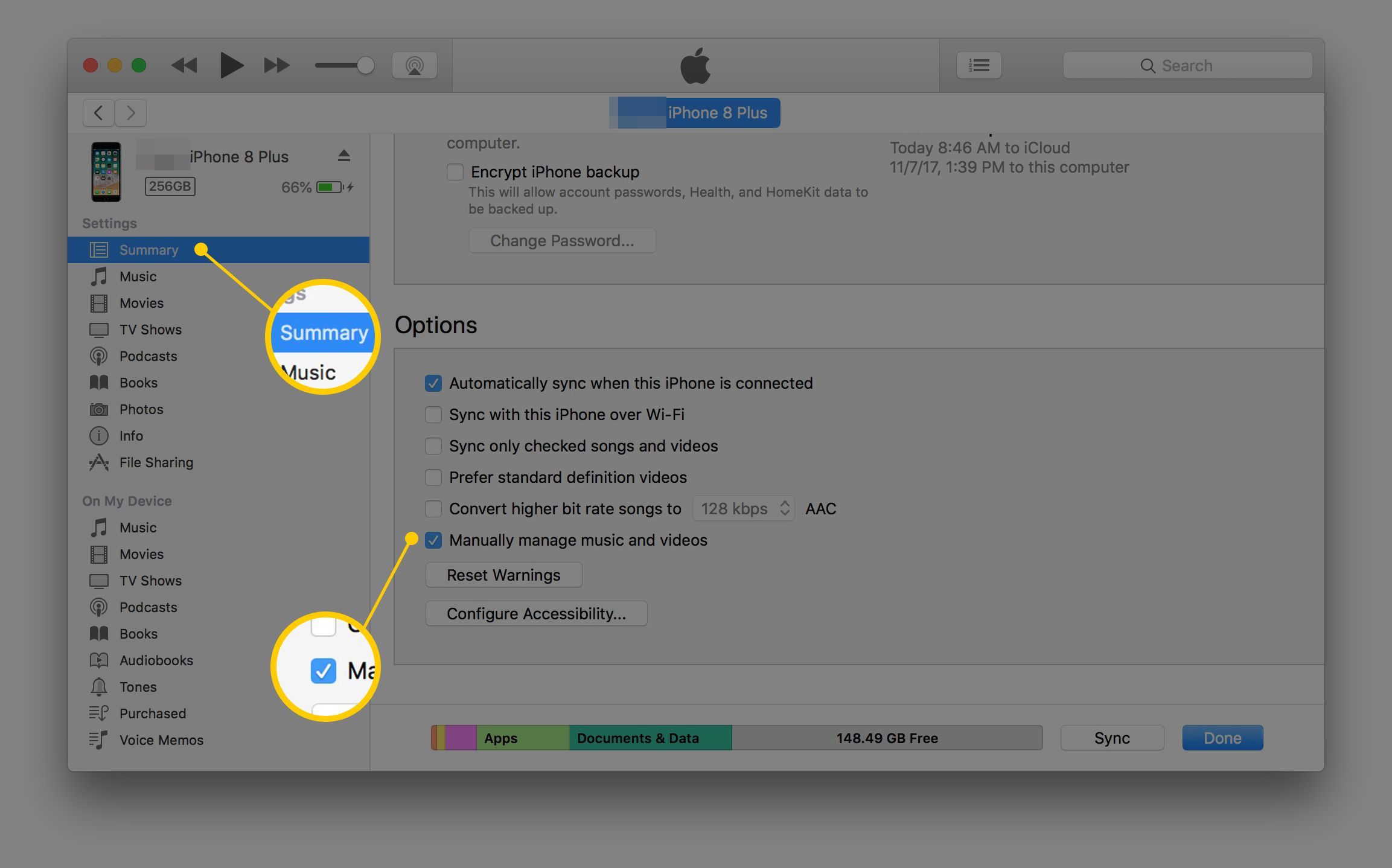 Снимок экрана: окно iTunes в macOS с категорией «Сводка» и флажком «Ручное управление музыкой и видео»