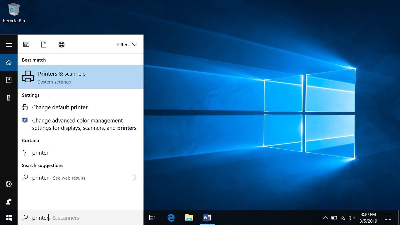 Снимок экрана, показывающий, как найти системные настройки принтеров и сканеров в окне поиска Windows 10