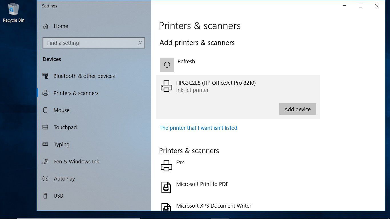 Снимок экрана, показывающий, как добавить устройство в настройках принтеров и сканеров Windows 10