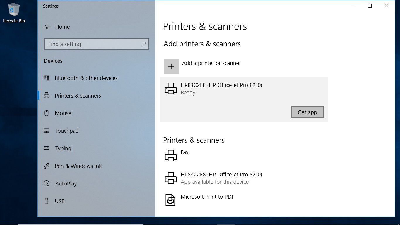 Снимок экрана, показывающий беспроводной принтер, который был добавлен в ноутбук с Windows 10